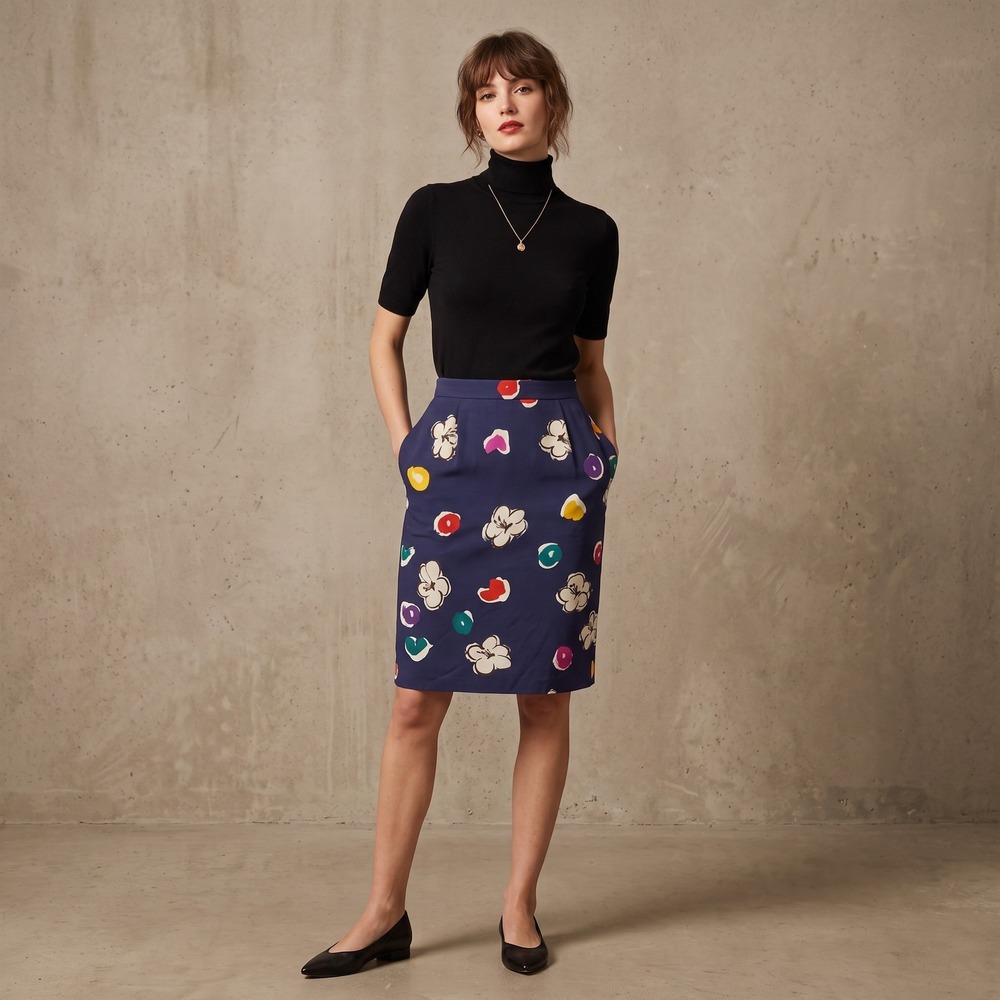 UNGARO Parallèle Paris Pencil Skirt Vintage Size 12 Navy Floral Ribbed $550 - Picture 4 of 10